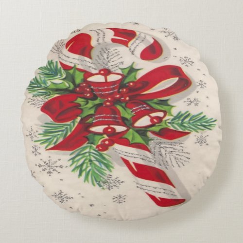 Vintage Merry Christmas Candy Cane Round Pillow