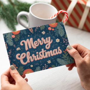 Vintage Merry Christmas Card with Floral Greenery