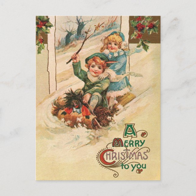 Vintage Merry Christmas Children on Sleight Holiday Postcard (Front)