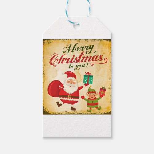 Vintage Merry Christmas Daning Santa and Elf Gift Tags