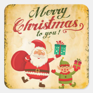 Vintage Merry Christmas Daning Santa and Elf Square Sticker