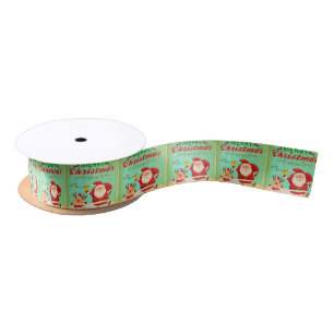 Vintage Merry Christmas Daning Santa and Reindeer. Satin Ribbon
