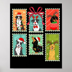 Vintage Merry Christmas Dogs Santa Stamps Reindeer Poster