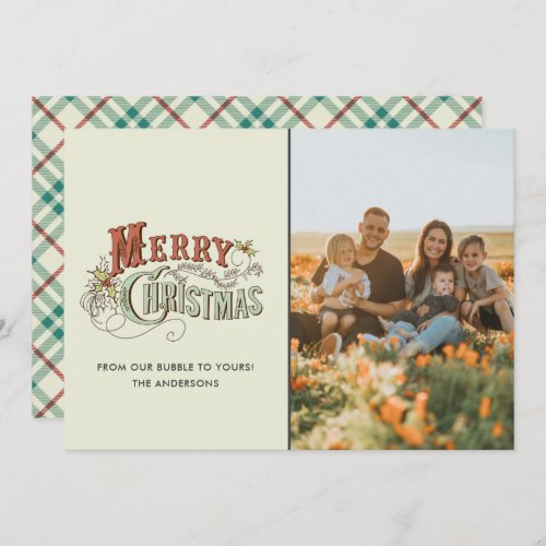 Vintage Merry Christmas Family Photo Plaid Holiday Card