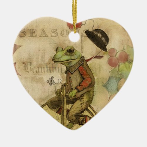 Vintage Merry Christmas Frog on Bicycle Ornaments
