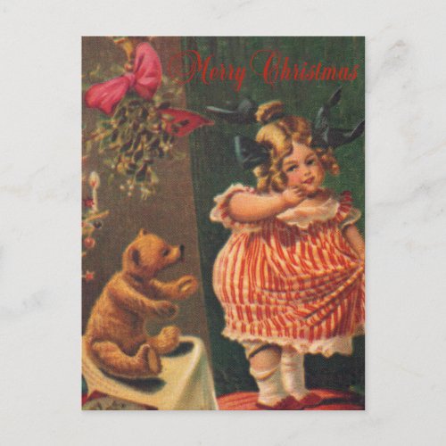 Vintage Merry Christmas Girl and Bear Holiday Postcard