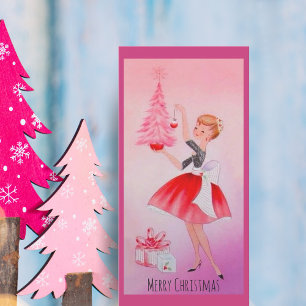Vintage Merry Christmas Girl Decorating Tree Holiday Card