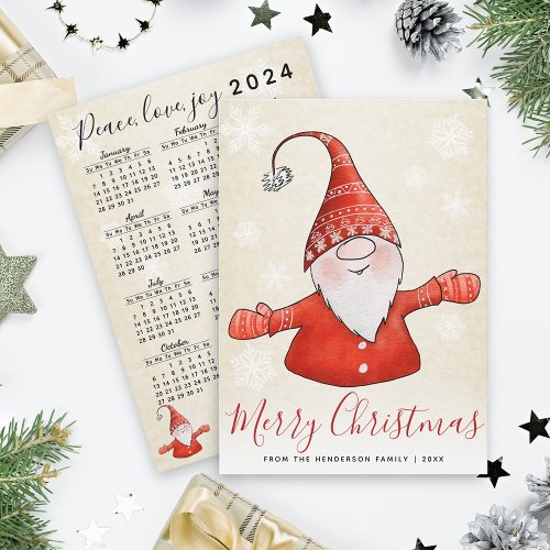 Vintage Merry Christmas Gnome in Red 2024 Calendar Holiday Card