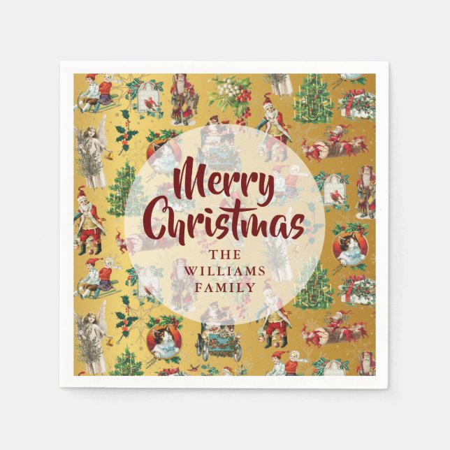 Vintage Merry Christmas Gold Family Name Napkins (Front)