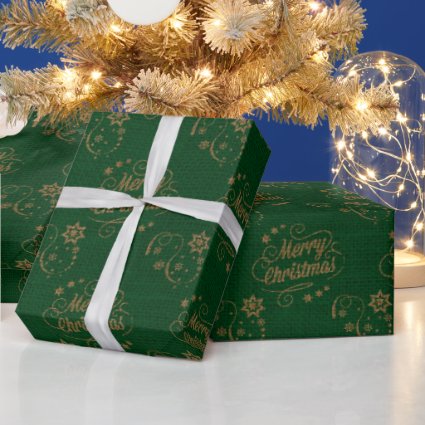 Vintage Merry Christmas Gold Stars Script Green 