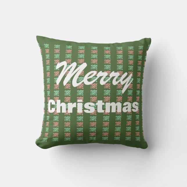 Vintage Merry Christmas Green Checkered Throw Pillow (Front)