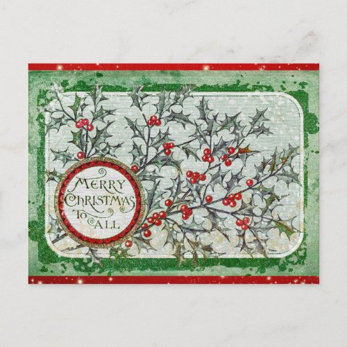 Vintage Merry Christmas Green Red Holly Postcard