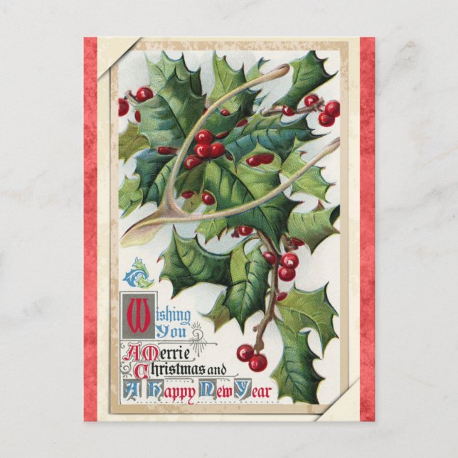 Vintage Merry Christmas Happy New Year Holly Postcard (Front)