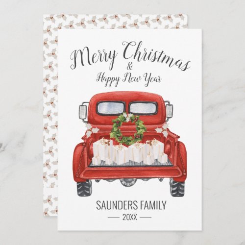 Vintage Merry Christmas Happy New Year Red Truck Holiday Card