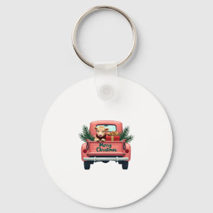 Vintage Merry Christmas Highland Cow in Pink Farm Keychain