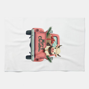 Vintage Merry Christmas Highland Cow in Pink Farm Kitchen Towel