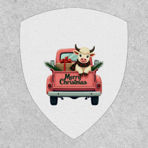 Vintage Merry Christmas Highland Cow in Pink Farm Patch