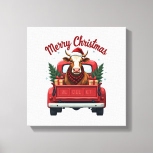 Vintage Merry Christmas Highland Cow Red Truck Hol Canvas Print