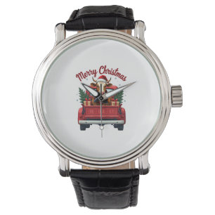 Vintage Merry Christmas Highland Cow Red Truck Hol Watch
