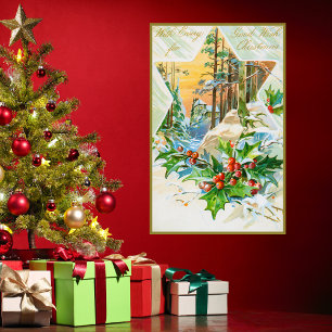 Vintage Merry Christmas Holly Berries Snow Festive Poster