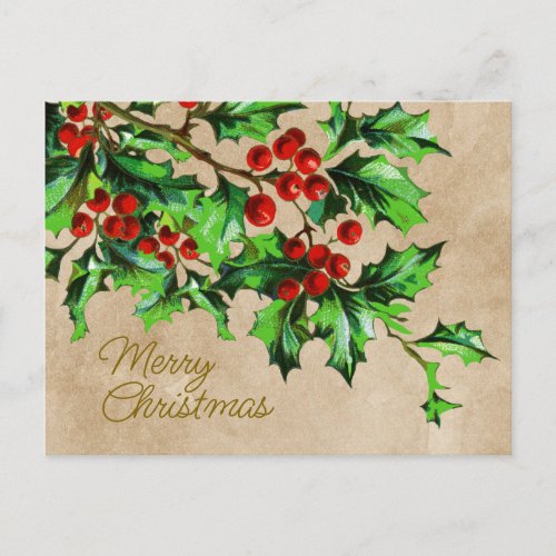 Vintage Merry Christmas Holly Berries with Message Postcard
