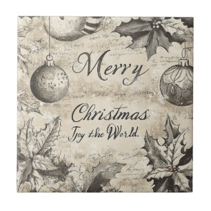 Vintage Merry Christmas Holly & Ornaments (1) Ceramic Tile