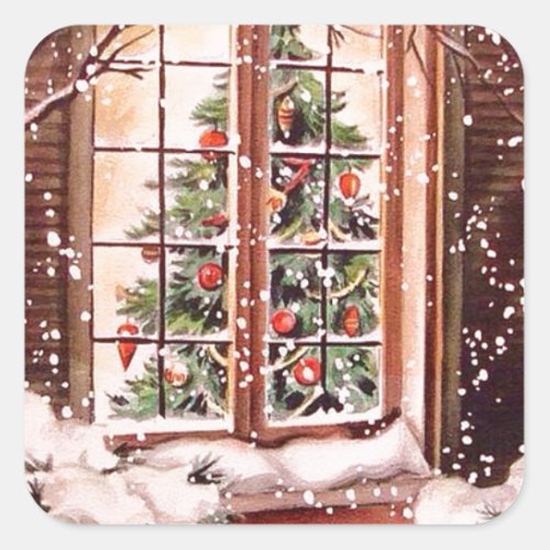 Vintage Merry Christmas House Square Sticker