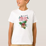 Vintage Merry Christmas Jingle Bells & Santa Sleig T-Shirt<br><div class="desc">Ring in the holidays with this charming and traditional "Merry Christmas" t-shirt! Featuring a timeless design,  this tee is perfect for anyone who loves the classic spirit of the season. The artwork showcases two golden jingle bells wrapped in a festive red bow,  nestled amongst vibrant holly leaves and berries.</div>