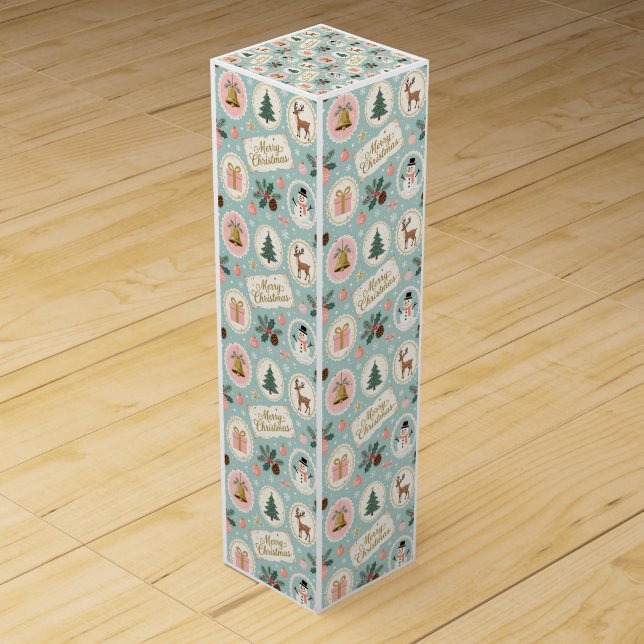 Vintage Merry Christmas Pattern Wrapping Paper Wine Box (Front)
