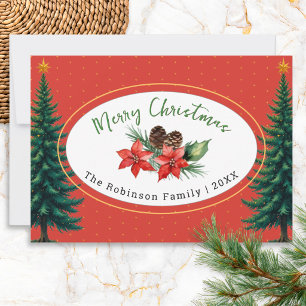 Vintage Merry Christmas Poinsettia & Pine Trees Holiday Card