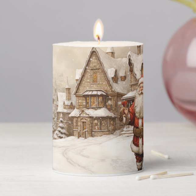 Vintage Merry Christmas red Santa Pillar Candle (In Situ)