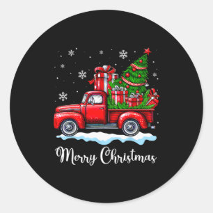Vintage Merry Christmas Red Truck Funny Xmas Tree Classic Round Sticker