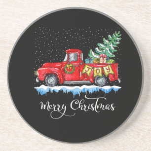 Vintage Merry Christmas Red Truck Old Fashioned Ch Coaster