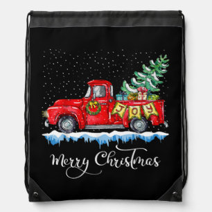 Vintage Merry Christmas Red Truck Old Fashioned Ch Drawstring Bag