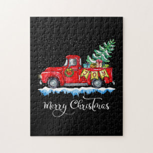 Vintage Merry Christmas Red Truck Old Fashioned Ch Jigsaw Puzzle