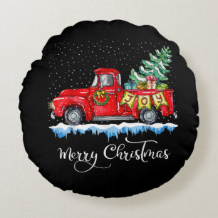 Vintage Merry Christmas Red Truck Old Fashioned Ch Round Pillow