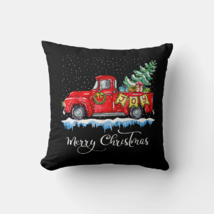 Vintage Merry Christmas Red Truck Old Fashioned Ch Throw Pillow