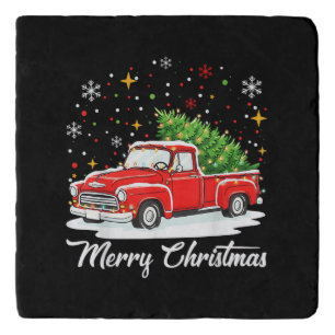 Vintage Merry Christmas Red Truck Santa Tree Famil Trivet