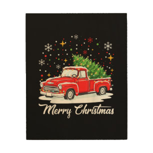 Vintage Merry Christmas Red Truck Santa Tree Famil Wood Wall Art
