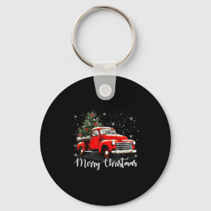 Vintage Merry Christmas Red Truck Xmas Tree Family Keychain