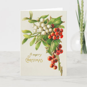 Vintage Merry Christmas Red & White Holly Berries Holiday Card