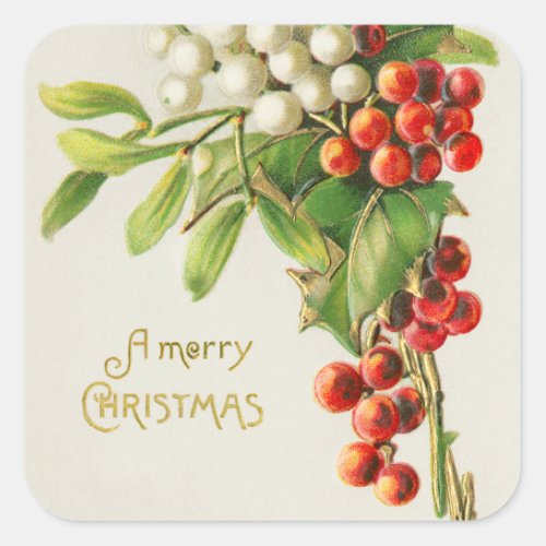 Vintage Merry Christmas Red  White Holly Berries Square Sticker