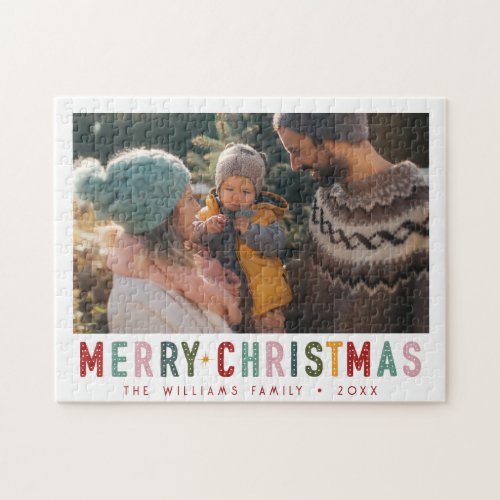 Vintage Merry Christmas Retro Colorful Typography  Jigsaw Puzzle
