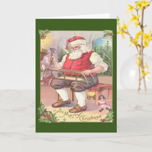 Vintage Merry Christmas Santa Claus Toy Workshop Card