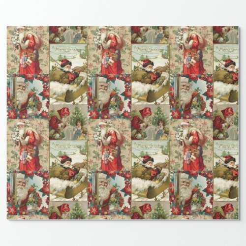 VINTAGE MERRY CHRISTMAS SANTA COLLAGE WRAPPING PAPER