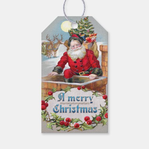 Vintage Merry Christmas Santa in a Chimney Gift Tags