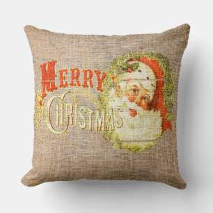 Vintage Merry Christmas & Santa on Rustic Burlap Throw Pillow