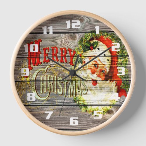 Vintage Merry Christmas  Santa on Rustic old Wood Clock