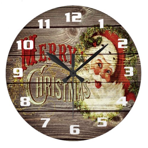 Vintage Merry Christmas &amp; Santa on Rustic old Wood Large Clock