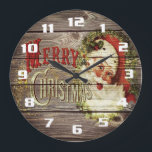 Vintage Merry Christmas & Santa on Rustic old Wood Large Clock<br><div class="desc">Vintage Merry Christmas & Santa on Rustic old Wood. Traditional and Beautiful old fashion Christmas design on weathered wood.</div>